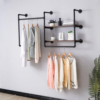 EDCB Industrial Pipe Wall-Mounted Clothing Rack with 2 Wood Shelves - Heavy Duty Double Rod Metal Garment Organizer for Bedroom/Retail Stores, Black (30H×12.5D×59W inch)