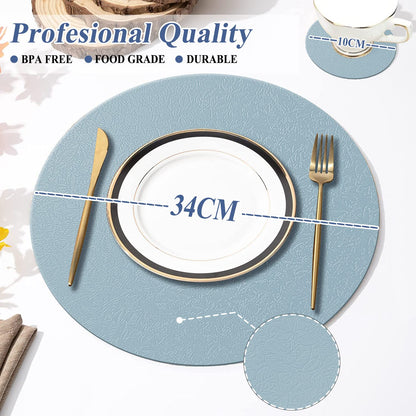 YUNJUER Round Silicone Table Mats(34cm) and Coasters(10cm) Set of 4, Heat-Resistant 450 °F Place mats, Non-Slip and Washable, Place Mats for Hotel, Restaurant, Kitchen Glass Dining Table, (Light Blue)
