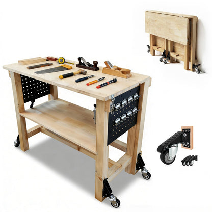 60" Heavy Duty Foldable Workbench with Transformable Wheels and Tool Storage Shelf, Max Load 2500 LBS, Rubber Wood Work Bench for Garage, Woodworking Table with Pegboard