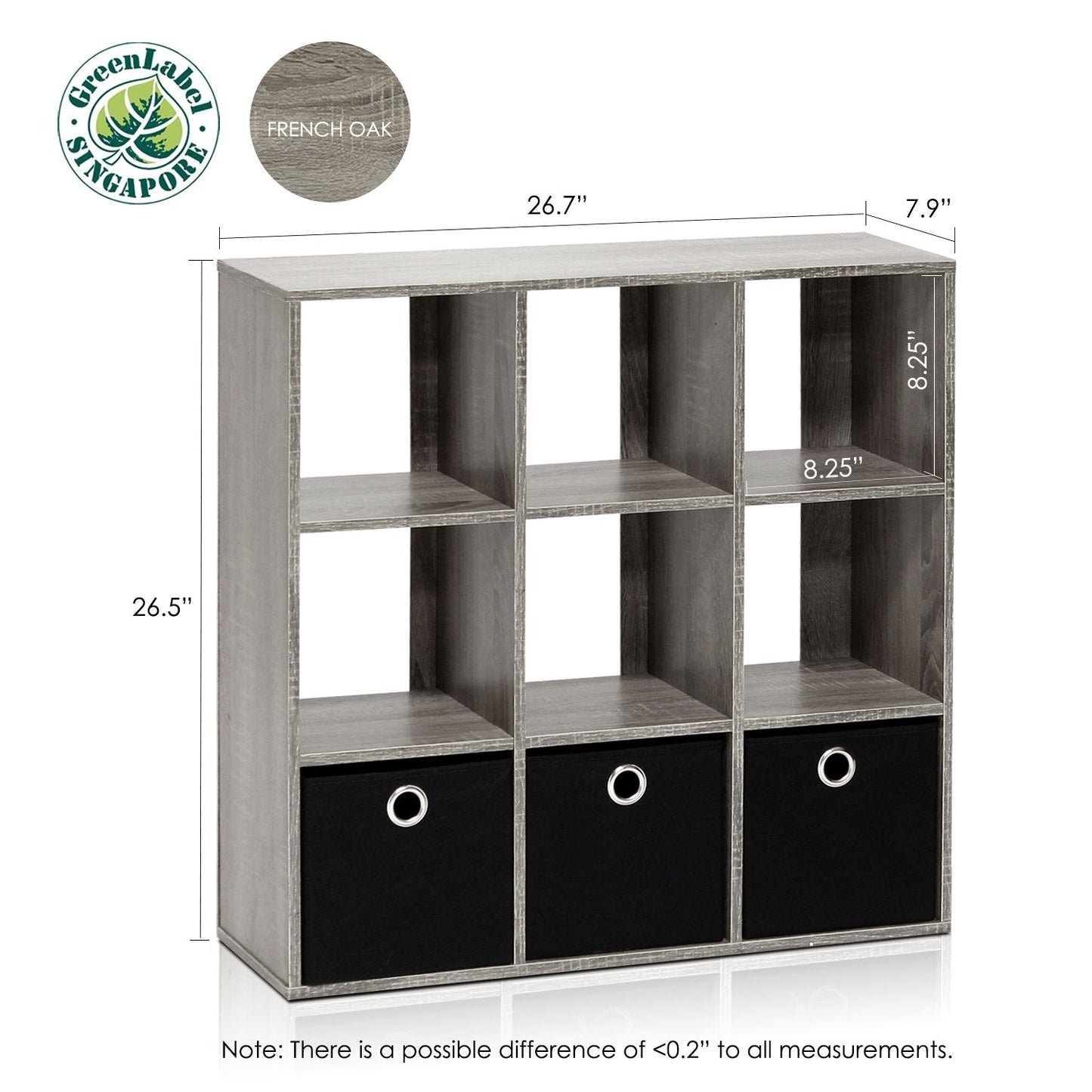 Furinno Simplistic 9-Cube Organizer with Bins, Small Size (Assembled unit dimensions : 7.9"D x 26.5"W x 26.7"H inches), French Oak/Black