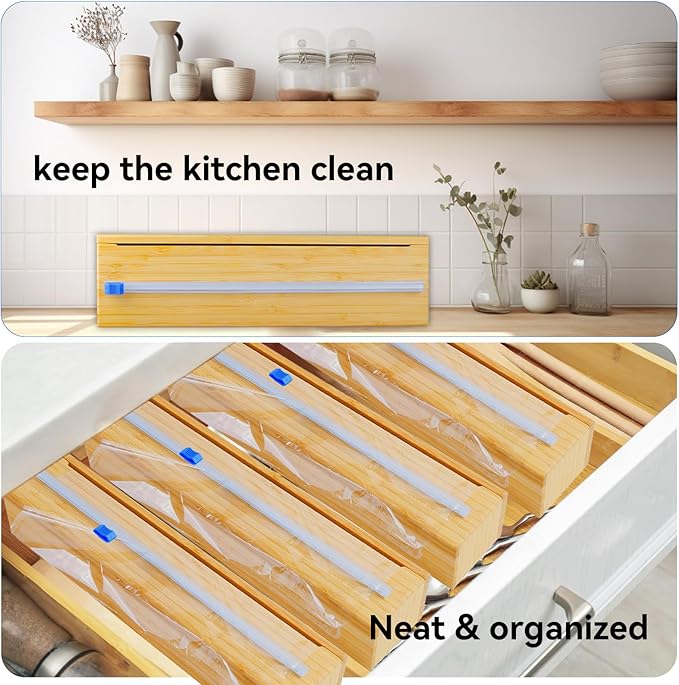 Uncle Jack Plastic Wrap Dispenser with Slide Cutter, Fit 13'' Rolls, Bamboo Aluminum Foil Dispenser with Cutter for Wax Paper, Saran Wrap