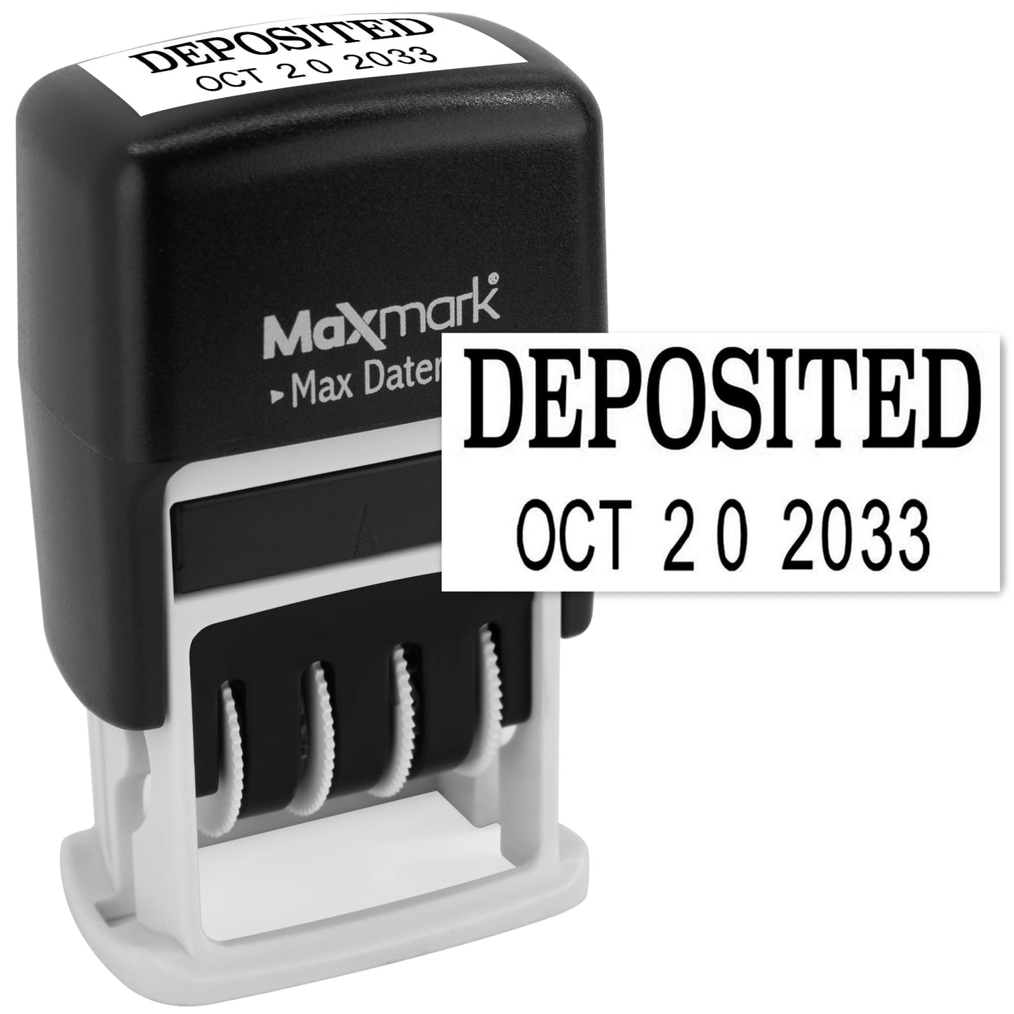 MaxMark Self-Inking Rubber Date Office Stamp with DEPOSITED Phrase & Date - Black Ink (Max Dater II), 12-Year Band