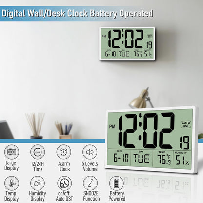 9‘’ Narrow Bezels Battery Operated Digital Wall Clock with Temperature and Humidity - Auto DST, Large 2⅝'' Digits, 5-Level Volume Alarm (3 AA Included) - Wall Mount/Desktop for Office Bedroom Kitchen