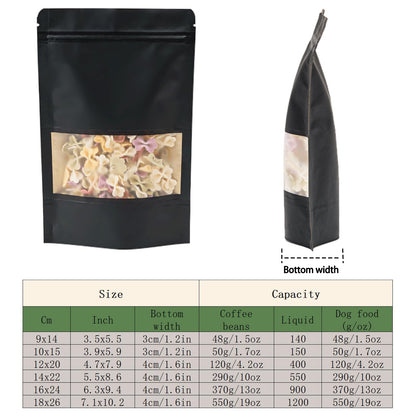 Roppolo 100 Pcs 4 x 6 Inch Stand Up Black Kraft Paper Bags with Matte Window, Resealable Zip Lock Food Storage Bags, Reusable & Heat Sealable for Packaging