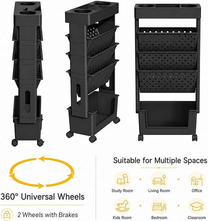 5-Tier Rolling Bookshelf, Book Storage Organization with Wheels Mobile Bookshelves Cart for Home Office Kids' Study Room School, Black