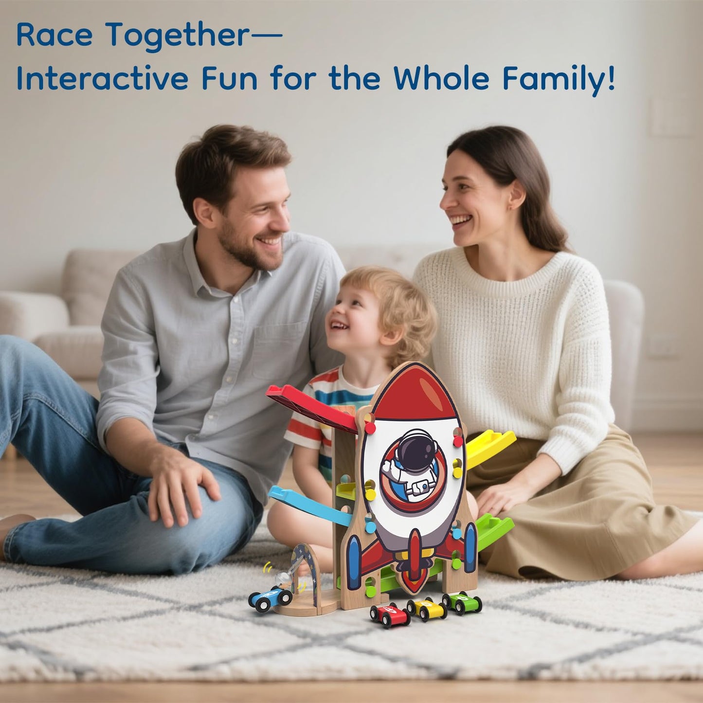 Letoiz Wooden Race Track for Toddlers 2-4, Rocket-Themed Car Ramp Racer Toy with 4 Cars, Bell Sound Zigzag Playset, Fine Motor Skills, Birthday for Boys and Girls