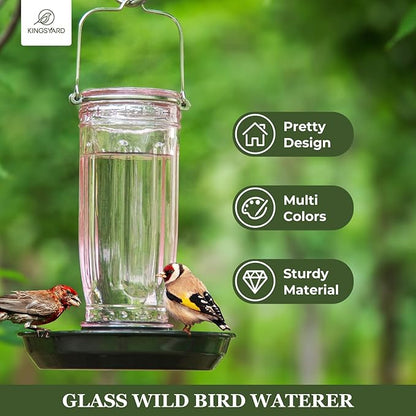 Kingsyard Glass Bird Water Dispenser for Outdoor, 16 Oz, Bird Water Feeder with Metal Hanging for Garden Yard Fence Decoration Hummingbird Cardinal Bluebird Finch, Pink