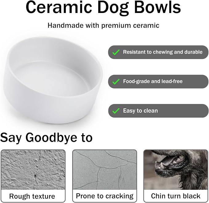 MateeyLife Ceramic Dog and Cat Bowls with Stand, 2-Pack Food and Water Bowl Set - Non-Slip Pet Bowls for Small & Medium Size Dogs，28.7OZ(White)