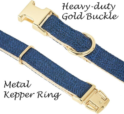 Luxury Soft Cotton Tweed Fabric Dog Collar & Leash Set with Gold Buckle – Durable Fabric, Stylish Design for Everyday Walks(Medium Navy)