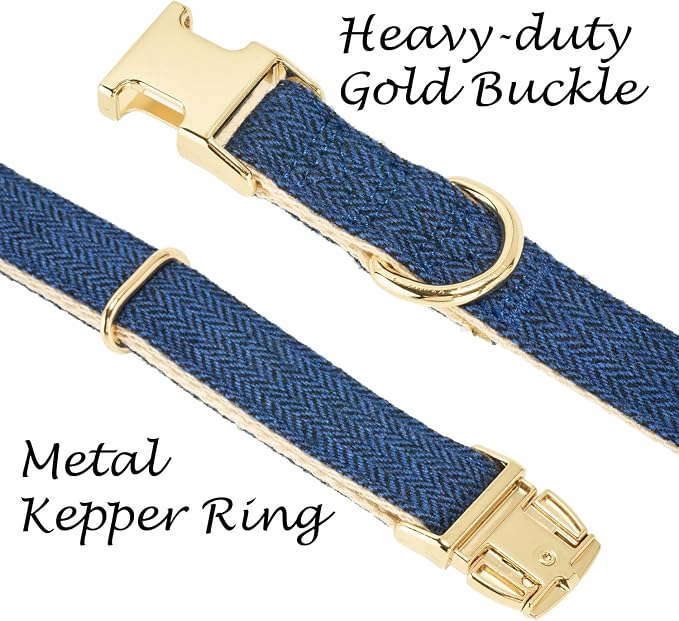 Luxury Soft Cotton Tweed Fabric Dog Collar & Leash Set with Gold Buckle – Durable Fabric, Stylish Design for Everyday Walks(Large Navy)