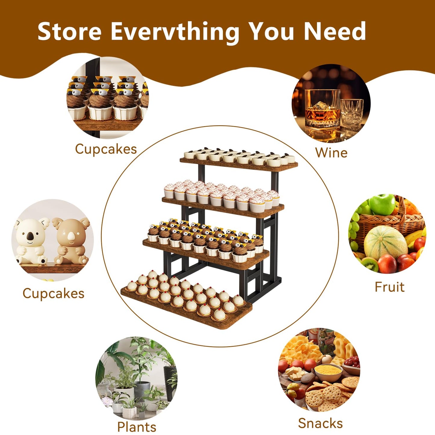 IBUYKE 4 Tier cupcake stand,Wooden Risers Display Stands,Tiered Display Stand for food,Dessert Table Display for Party,Afternoon tea, Family Gatherings,Rustic Brown UTLJ018H