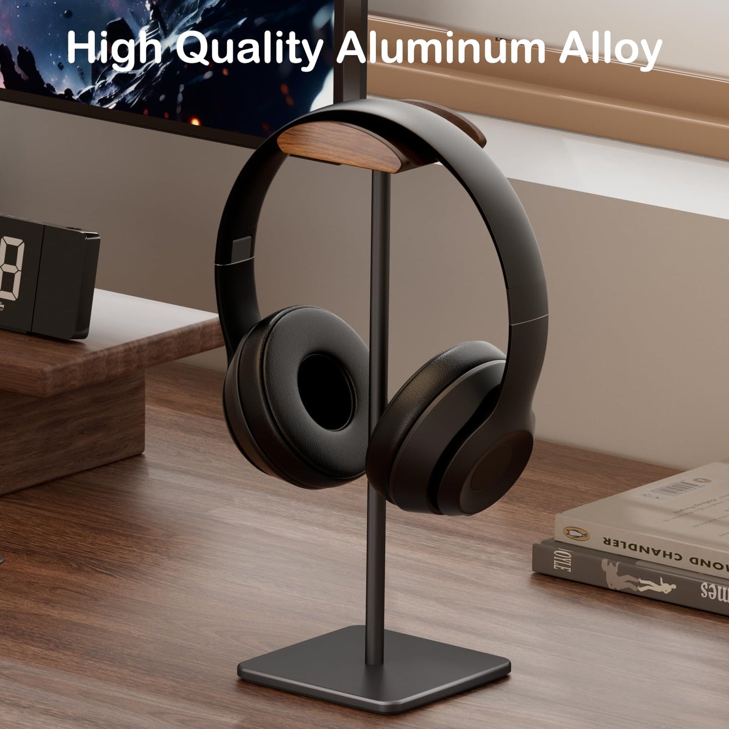 Ahonnpely Headphone Stand for Desk - Headset Stand with Aluminum Hanger and Wooden Support, Headphone Holder for AirPods Max, Sony, Bose, Beats and More (Black)