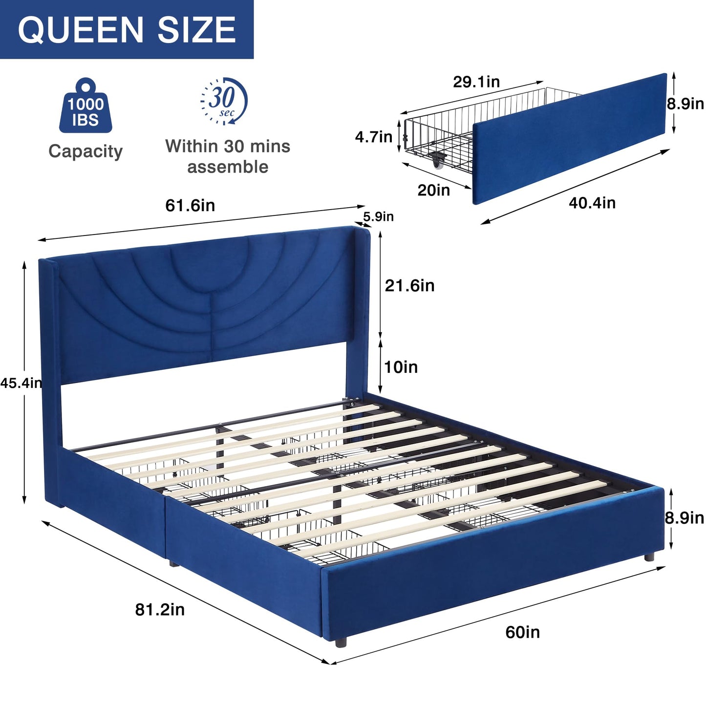 VECELO Upholstered Platform Queen Bed Frame with 4 Storage Drawers & Wave Fabric Headboard,Wooden Slats Support/No Box Spring Needed/Mattress Foundation/Easy Assembly,Dark Blue