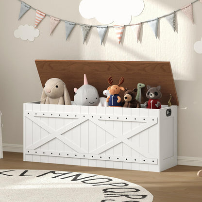 MAHANCRIS 47.2" Storage Chest, Extra Large Toy Box with 2 Safety Hinges, Wooden Toy Chest, Storage Bench with Rivets, Storage Trunk for Bedroom, Living Room, Entryway, White and Brown SCBZ18501
