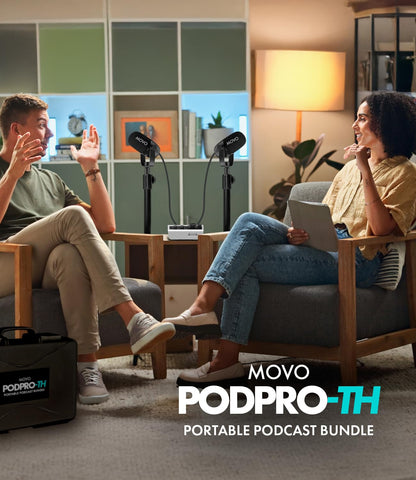 Movo Portable Podcast Equipment Bundle for iPhone/Android Phones- Podcast Kit with Audio Interface, 2 CastMic Dynamic Mics, 2 Table Stands - For Smartphones, Computers, PC, Mac - Lightning, USB, USB-C