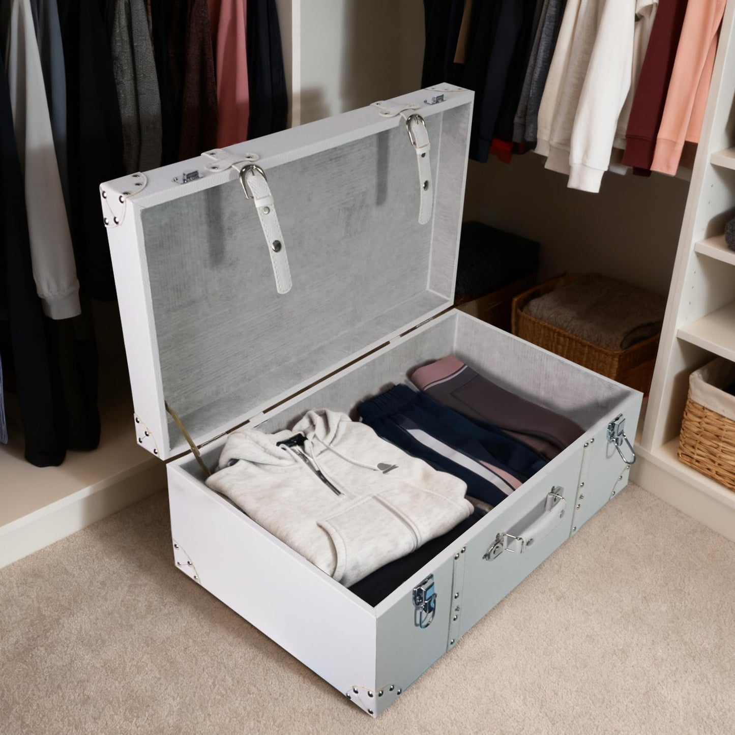 DreamsEden Large Wooden Storage Suitcase, White Elegant Decorative Trunk with Strap Decor, Portable Wood Storage Box Chest Keepsake Case