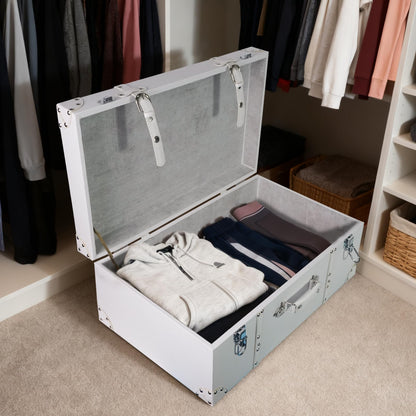 DreamsEden Large Wooden Storage Suitcase, White Elegant Decorative Trunk with Strap Decor, Portable Wood Storage Box Chest Keepsake Case