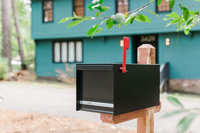 Architectural Mailboxes MailMax Post Mount Mailbox, All Black, Large | Modern galvanized steel and aluminum build with rust-resistant powder-coat finish and a magnetic door closure. USPS approved.