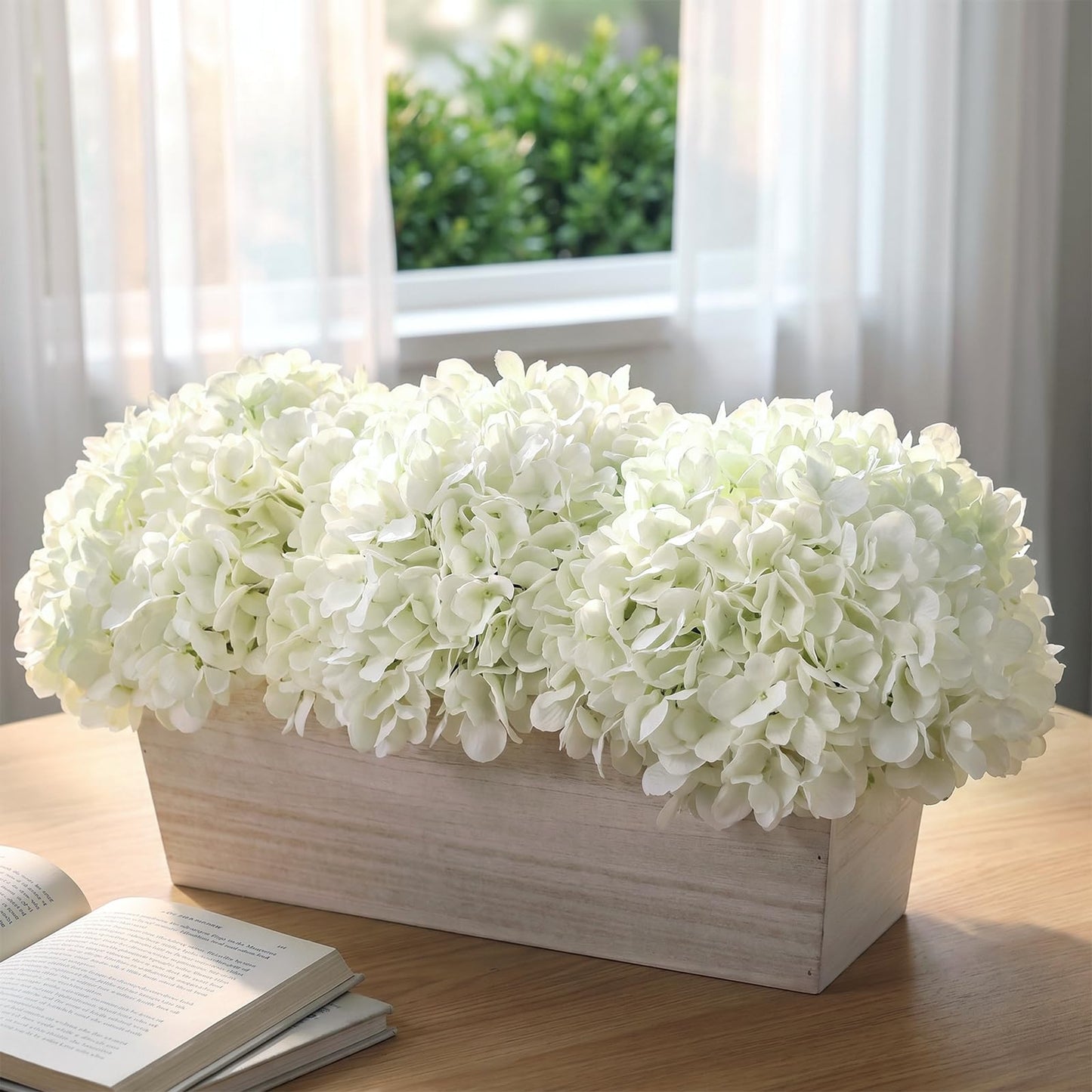 21" Large Artificial Hydrangea Arrangement in Planter for Table Centerpiece, Lifelike Fake Hydrangea Potted Plant, Silk Faux Flowers in Wood Planter for Farmhouse Home Office Shower Decor (White)