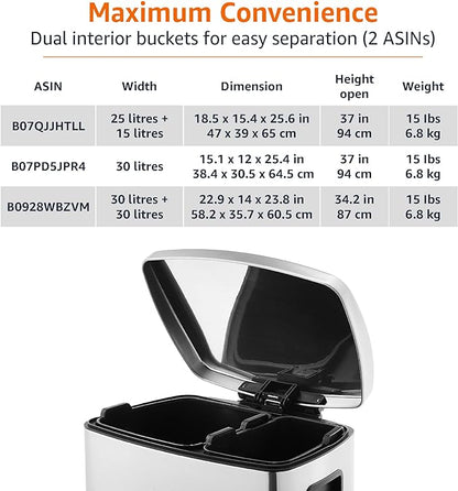 Amazon Basics Dual Compartment Recycling Trash Can with Soft-Close Lid, Fingerprint Resistant, Removable Liner Buckets, 60 Liters, Rectangular, Grey, Silver