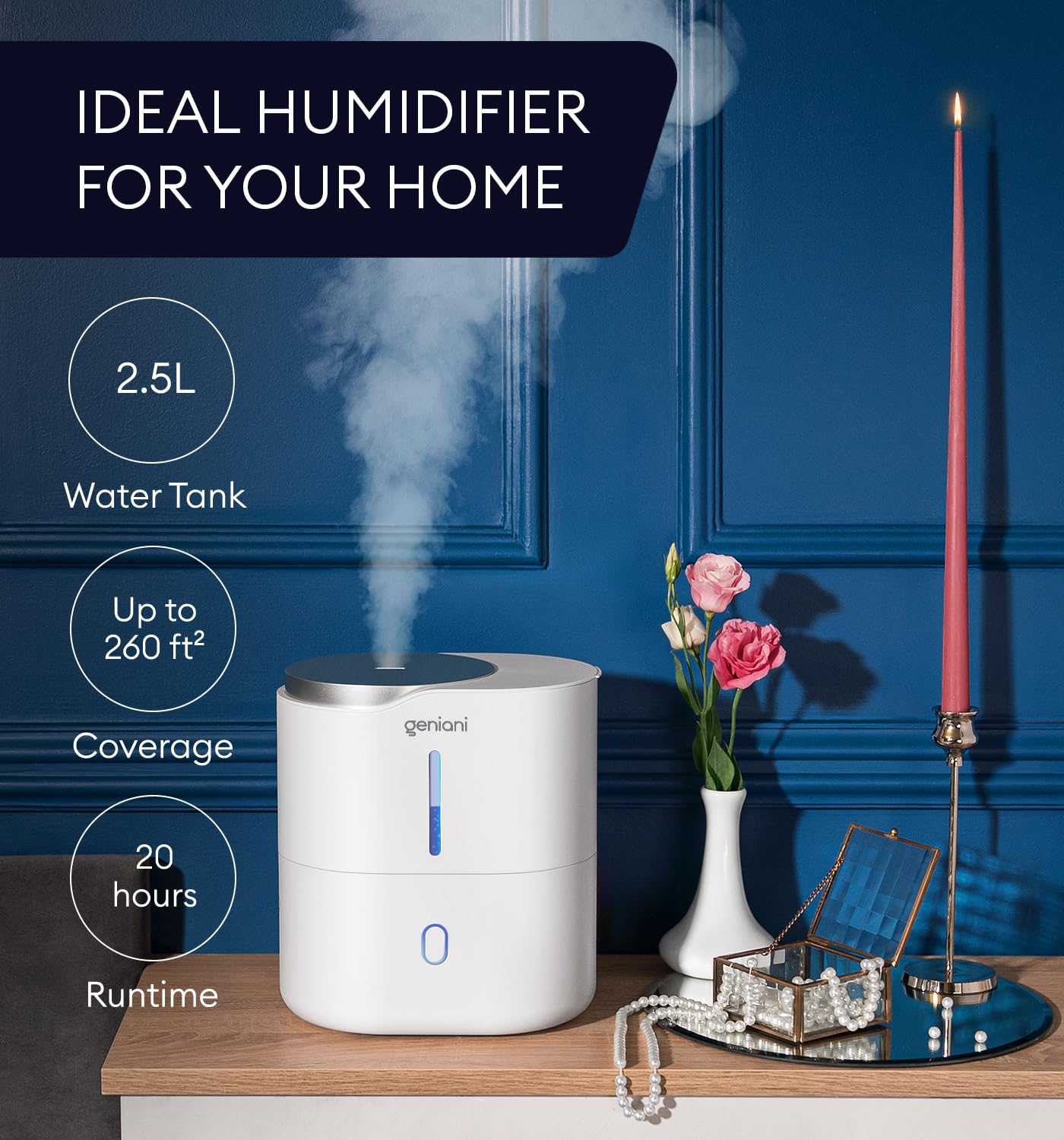 GENIANI Ultrasonic Cool Mist Humidifier for Bedroom, Large Rooms, Home, 4L - Easy Fill & Clean Humidifier for Plants w/Auto Shut-off, 40H Runtime - Quiet, Top Fill Air Humidifier