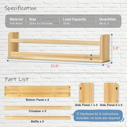 Harwaya Natural Wood Wall Bookshelf for Kids Bedroom Set of 3, 24 Inch Wooden Floating Nursery Book Shelves for Baby Boy Girl Room, Wall Mounted Toddler Book Shelf for Toy Organizers and Storage