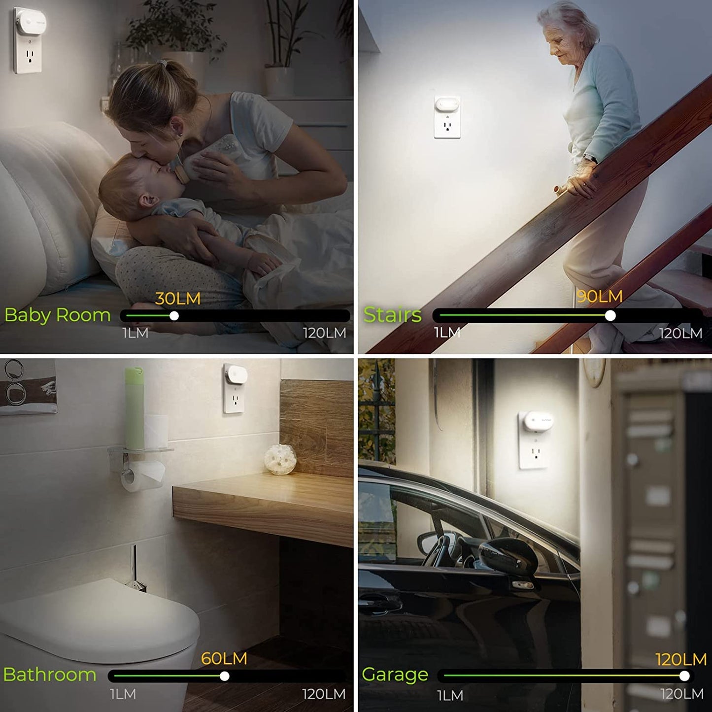 AUVON Night Light Plug in with Motion Sensor (120 Lumens), Dimmable Smart LED Night Lights, 1-120lm Brightness, for Bathroom, Hallway, Garage, Toilet (4 Pack)