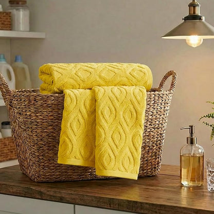 Artoid Mode 2 Pcs Yellow 3D Diamond Grid Jacquard Hand Towels