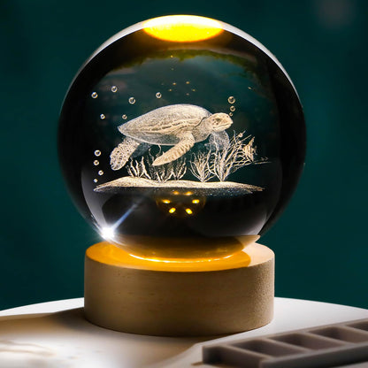 Arikyrist 3D Sea Turtle Crystal Ball Lamp with Wooden Base, 3D Laser Etched Crystal Sea Turtle Decor Glass Sphere Figurine Ornaments, Crystal Sea Turtle Gifts for Women Men Kids