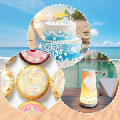 Prospura 34Pcs Beach Cake Topper Set, Under the Sea Theme Decorations with Golden Happy Birthday Sign, Ocean Seashells Starfish Conch for Summer Birthday Party Supplies