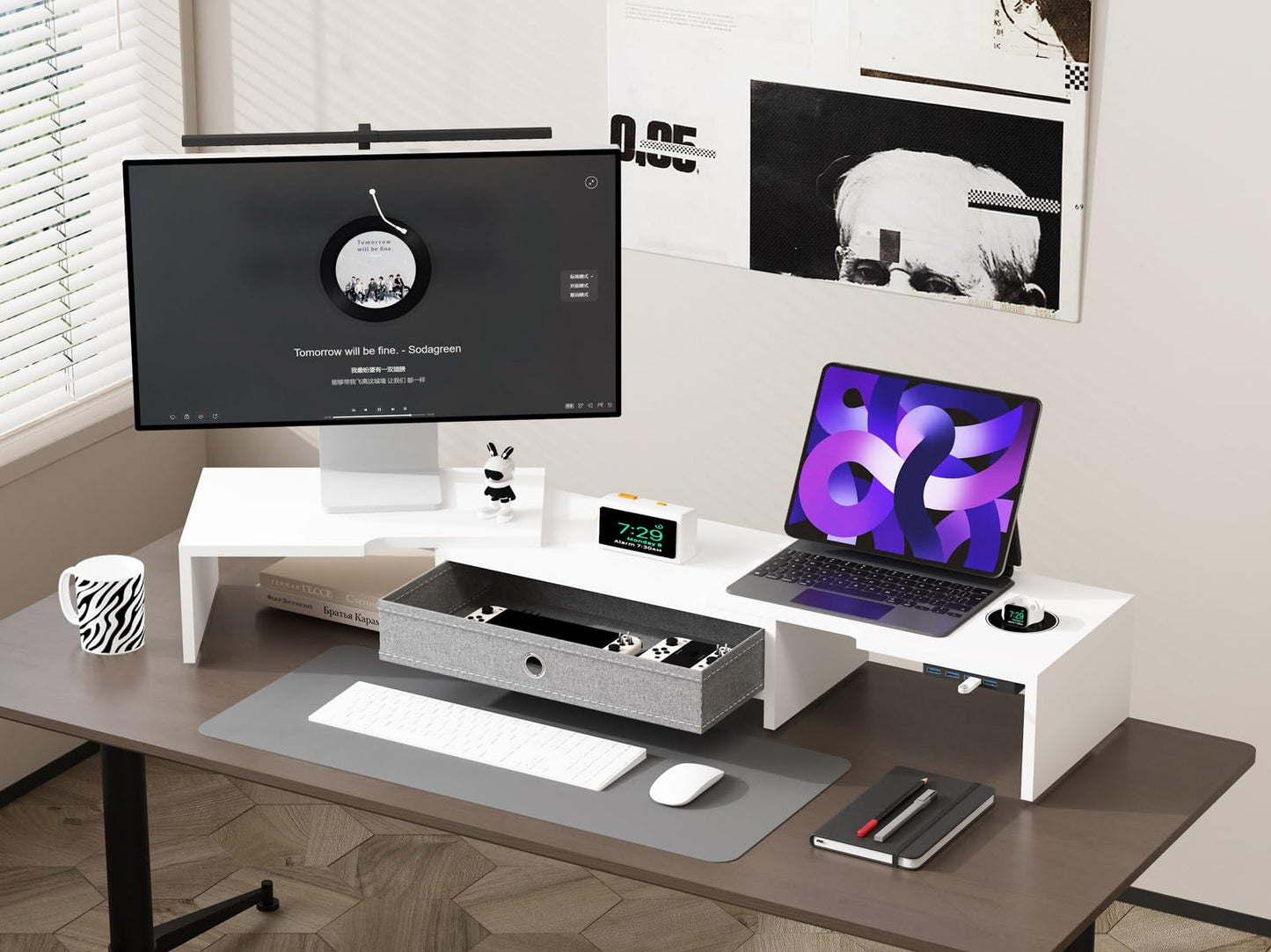 LAPTAIN Monitor Stand with Drawer, Dual Monitor Stand Riser with Adjustable Length and Angle, Computer Stand, Desk Organizer for PC Monitor/Laptop/MacBook