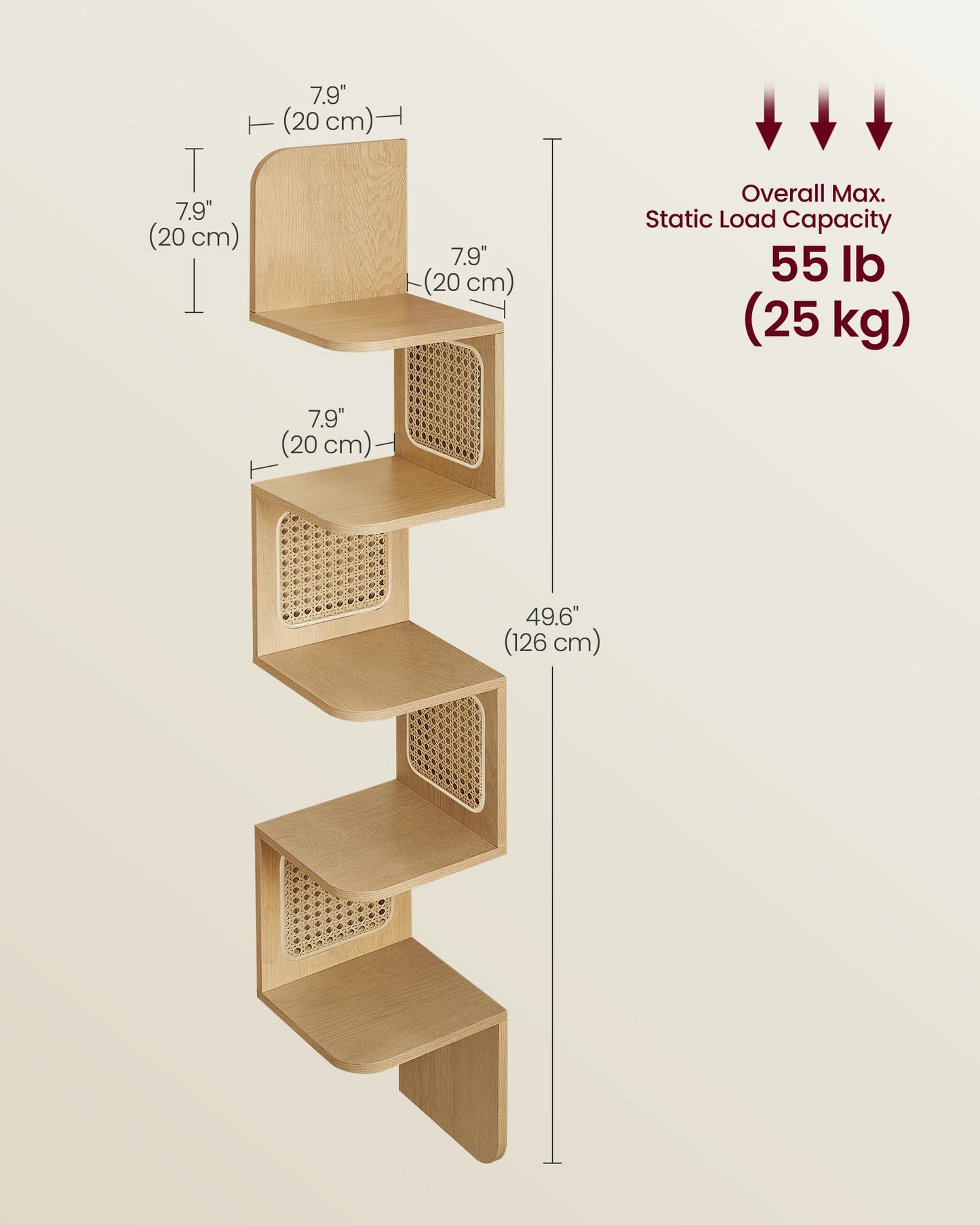 VASAGLE 5-Tier Corner Shelf, Wall Mounted Floating Shelf, Zigzag Corner Shelf Unit, PVC Rattan Sides, Space-Saving, for Kitchen, Living Room, Bedroom, Boho Style, Oak Beige ULLS582YC01S