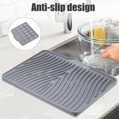 TIKNIK Silicone Dish Drying Mat for Kitchen Counter - Heat Resistant & Non-Slip Dish Drain Pad with Built-In Drain, Dishwasher Safe, Quick-Dry, Hangable & Roll-Up for Storage, Grey-1pcs, 16" x 12"