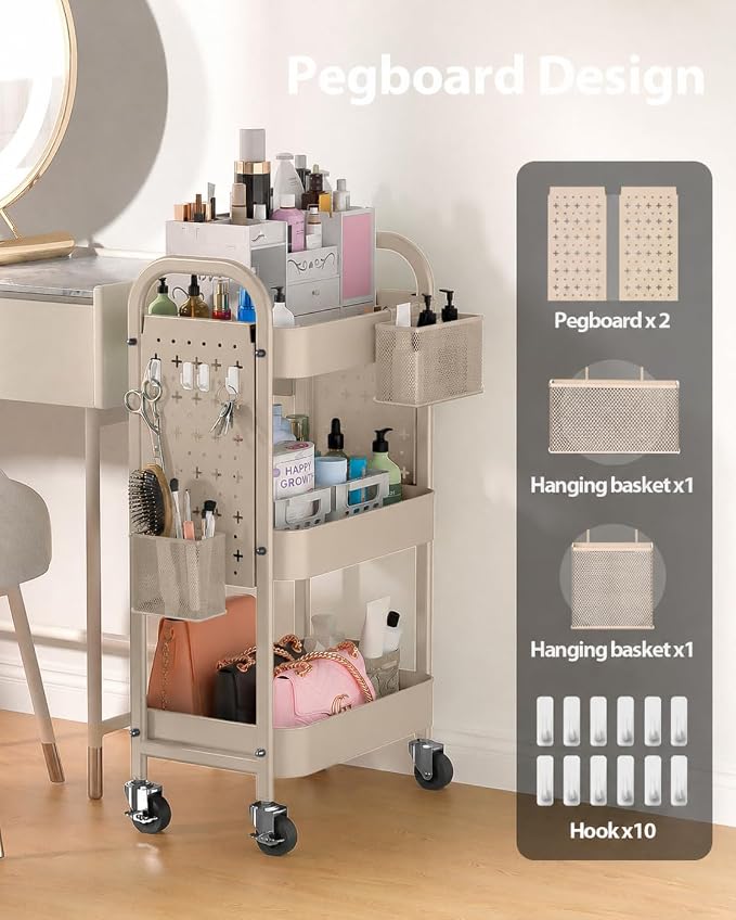 ALVOROG 3 Tier Rolling Cart with DIY Pegboards Metal Utility Cart with Wheels Handles Baskets Hooks, Craft Cart for Office Kitchen Bathroom(Khaki)