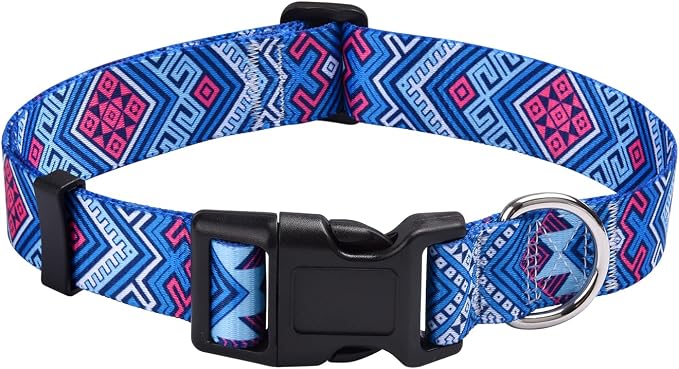 Mihqy Dog Collar with Bohemia Floral Tribal Geometric Patterns - Soft Ethnic Style Collar Adjustable for Small Medium Large Dogs(Blue Ethnic Style,M)