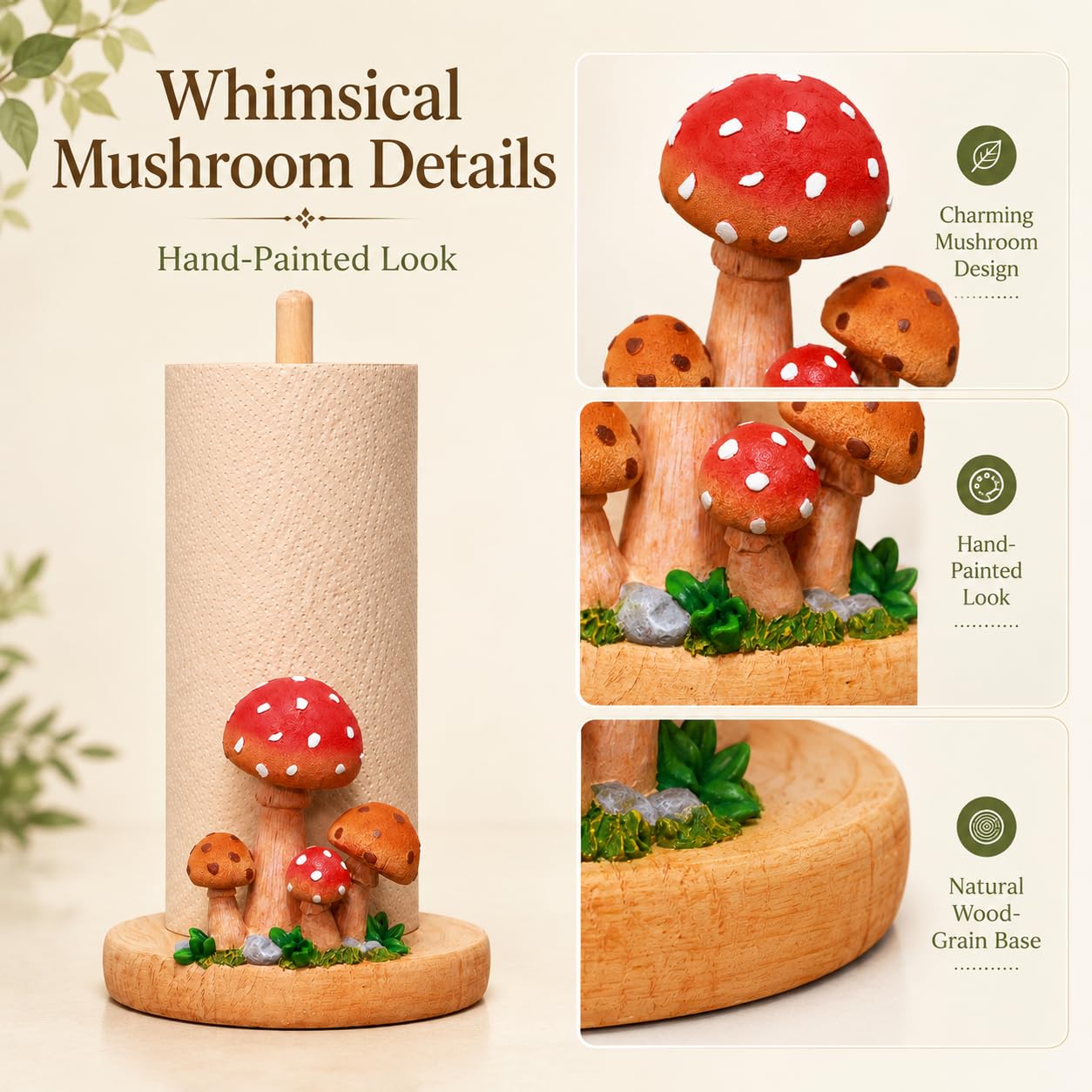 Mushroom Paper Towel Holder, Hand-Carved Resin & Wood Tissue Holder with Large Non-Slip Base, Decorative Kitchen Countertop Paper Towel Stand for Bathroom, Living Room, Farmhouse Decor