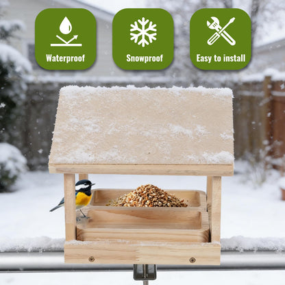 Wooden Bird Feeder with 2 Trays Metal Bracket Railing Mount Balcony Birdfeeder Large Capacity Weatherproof Platform Wild Bird Feeding House for Cardinals Finches Garden Yard Decoration