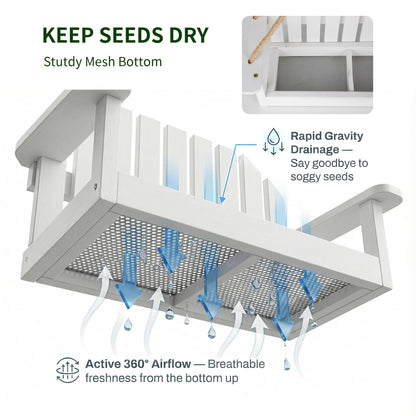 Solution4Patio White Swing Bird Feeder, Squirrel-Proof Metal Mesh Tray with Bench Design, High-Capacity Rust-Resistant Hanging Bird Feeder for Porch & Yard Décor – Easy Fill & Clean