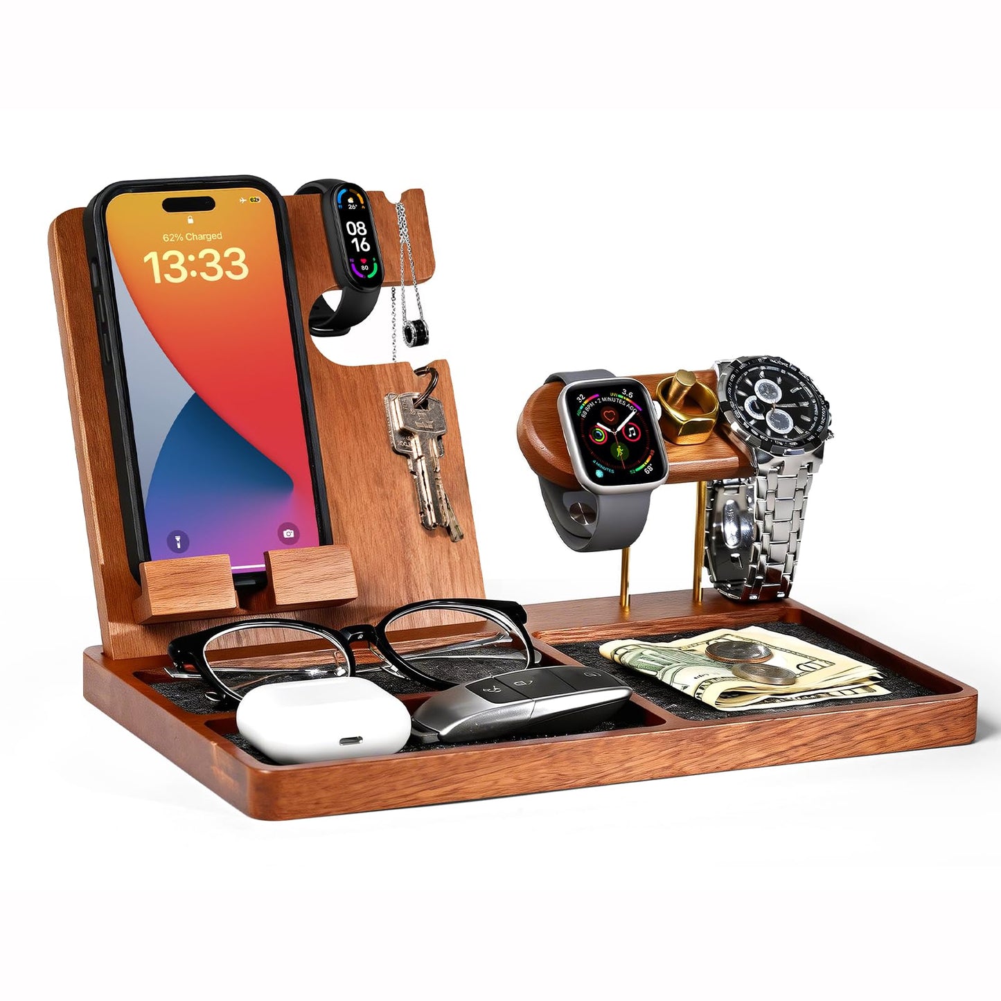 IKIKAKI Wood Nightstand Organizer for Men, Fathers Day Gift for Dad Husband, Birthday Anniversary Retirement Idea, Desk & Bedside EDC Tray for Key Wallet Watch