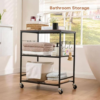 Rolling Kitchen Microwave Cart, 3 Tier Microwave Stand with Storage, Small Kitchen Island on Wheels, Wood and Mental Kitchen Shelf Rack, Black Organizer for Living Room, Office, Balcony