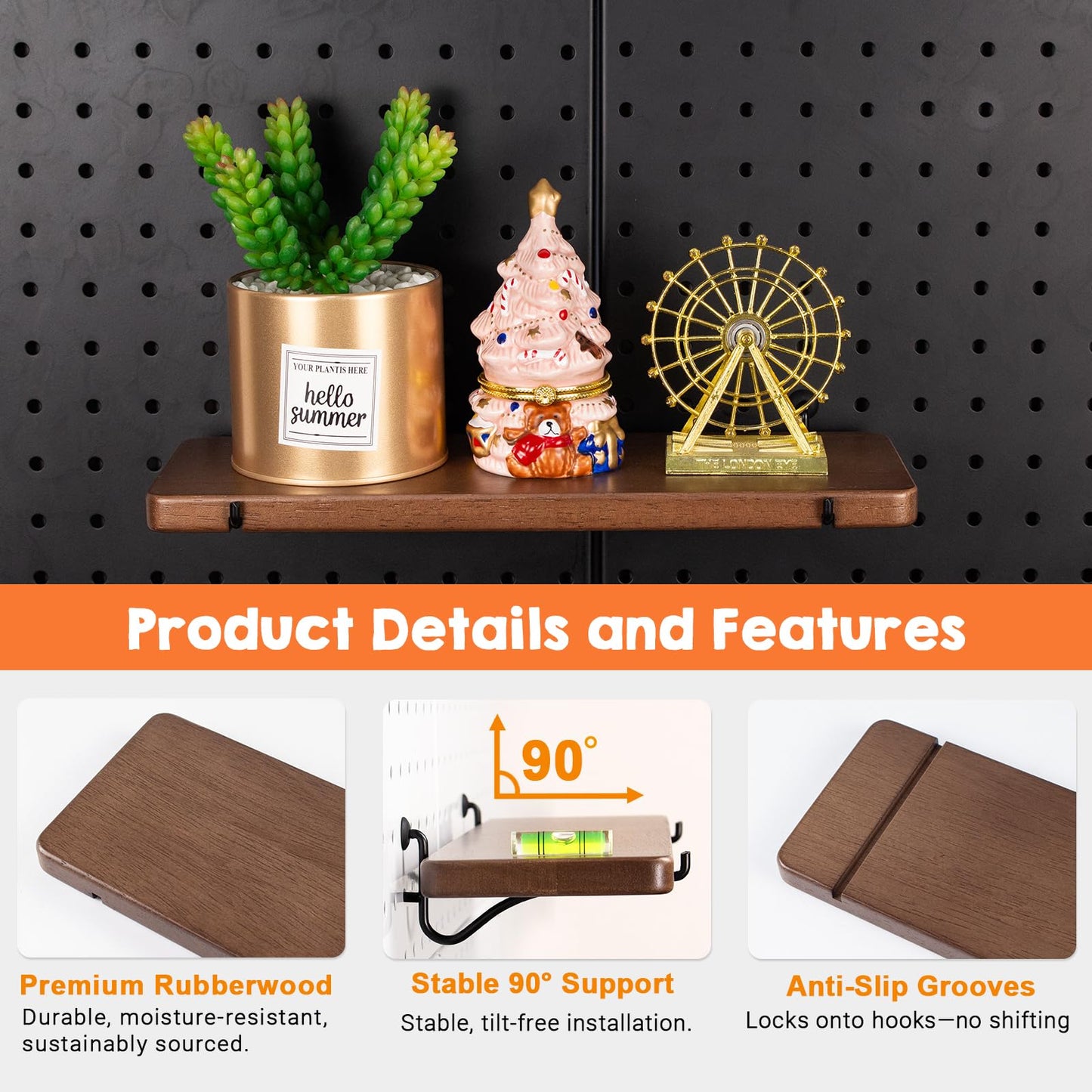 SEMPOMA Walnut Finish Solid Wood Pegboard Shelf for 1/4" Metal Pegboard