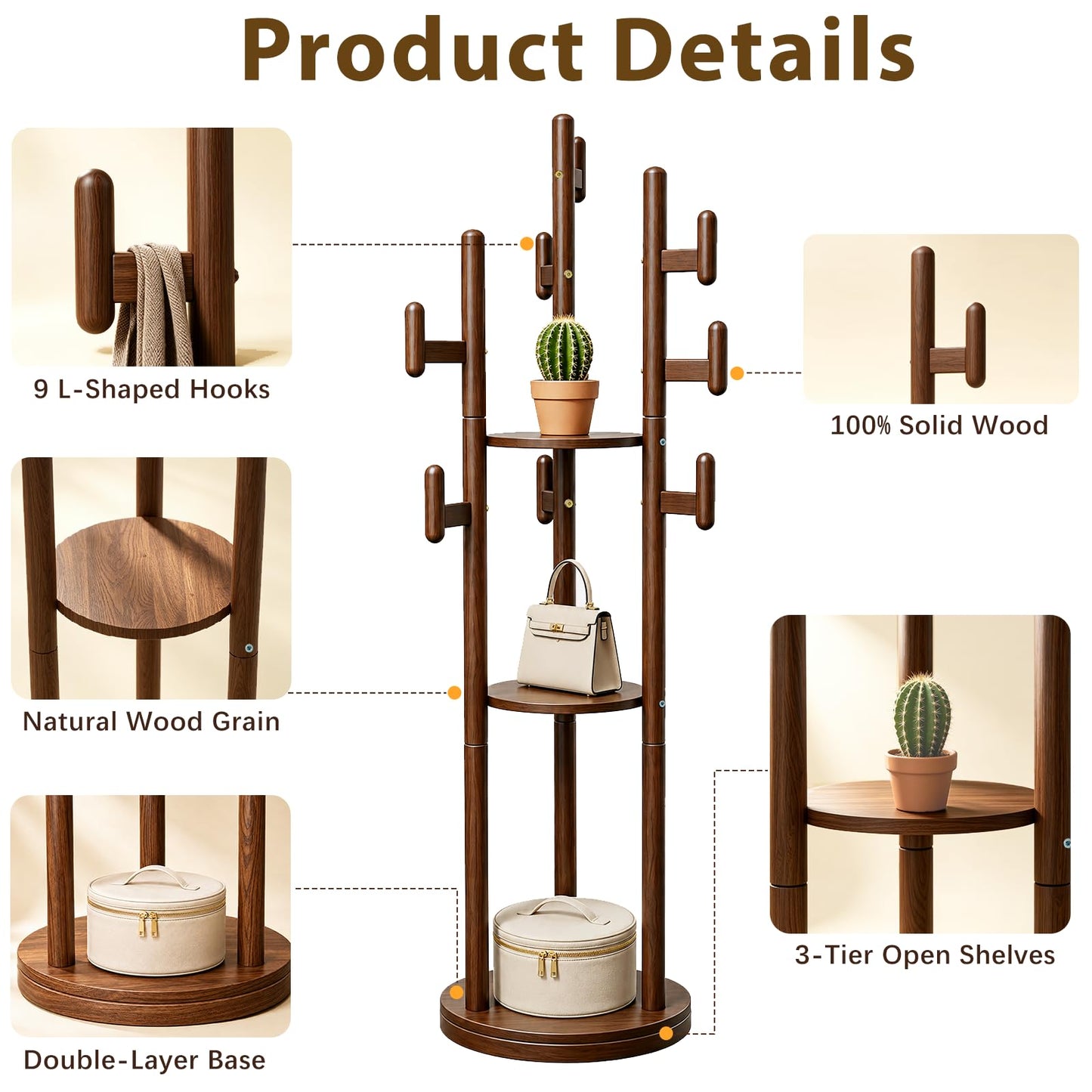 Wamhom Rotary Coat Rack Freestanding - Solid Wood Coat Tree with 9 hooks & 3 Storage Shelves for Purse, Bag, Jacket, Hat, Corner Hanger Stand Racks for Hall, Entryway, Office, Modern Clothes Holder