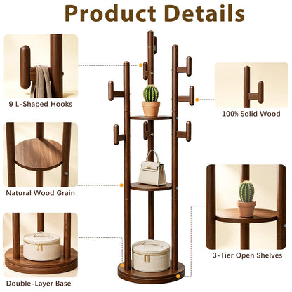 Wamhom Rotary Coat Rack Freestanding - Solid Wood Coat Tree with 9 hooks & 3 Storage Shelves for Purse, Bag, Jacket, Hat, Corner Hanger Stand Racks for Hall, Entryway, Office, Modern Clothes Holder