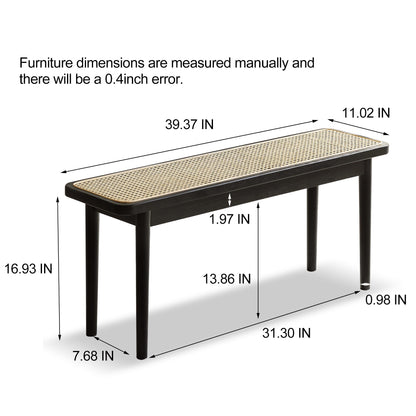 KEIKI Solid Oak Wood Dining Bench with Rattan Detail, Entryway Bench, Modern Bench for Bedroom, Living Room