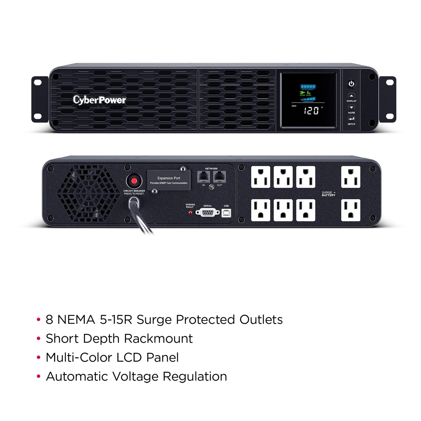 CyberPower CP1500PFCRM2U PFC Sinewave UPS Battery Backup and Surge Protector, 1500VA/1000W, 8 Outlets, AVR, Short Depth 2U Rackmount; UL Certified
