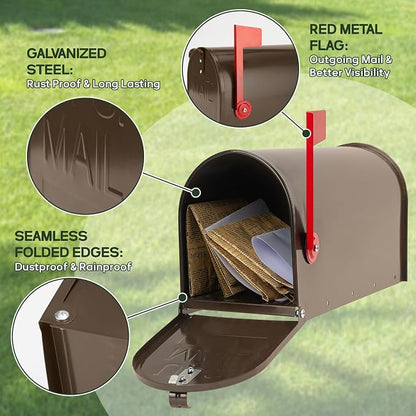 Brown Mailboxes for Outside, RAINHOL Post Mount Mailbox, Galvanized Steel Medium Capacity Mail Boxes, 19 x 8.7 x 6.7 Inches