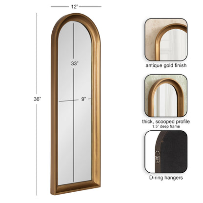 Kate and Laurel Hatherleigh Modern Slim Arched Panel Wall Mirror, 12 x 36, Gold, Transitional Narrow Wooden Arch Mirror for Use as Versatile Bedroom or Entryway Wall Decor