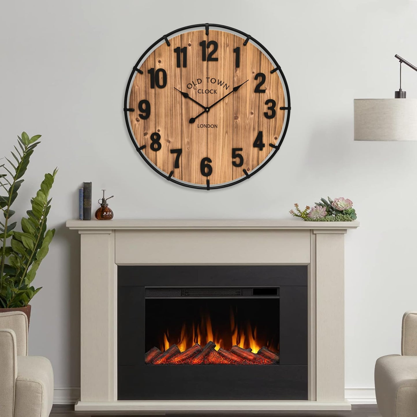 MICWIC 20 Inch Farmhouse Wall Clock Large Old Town Vintage Rustic Wooden Clock with Metal Rim and Large Numerals, Silent Battery-Operated for Office, Kitchen, Bedroom, and Living Room