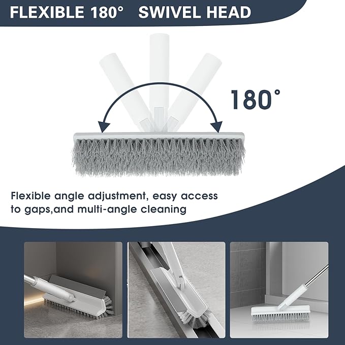 Floor Scrub Brush with Long Handle, 2 in 1 V-Shape Grout Brush with Squeegee +