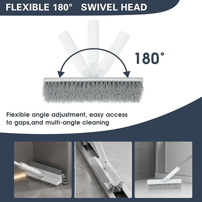 Floor Scrub Brush with Long Handle, 2 in 1 V-Shape Grout Brush with Squeegee +